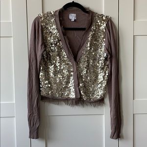Anthropologie John+Jenn Knit Sequin Cropped Cardigan Gold sz M